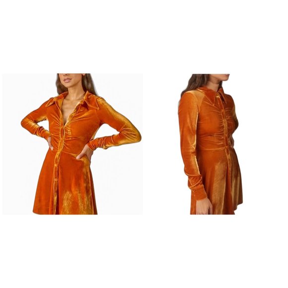 New Urban Outfitters Nellie Velvet Ruched Mini Dress Orange Size Small - Picture 7 of 15